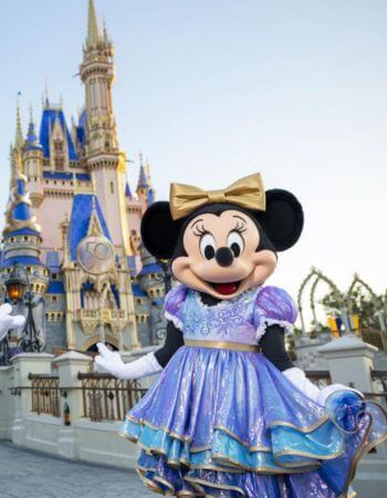 Minnie Mouse at Magic Kingdom's Castle. Family vacation packages in Orlando including park tickets and resort booking.