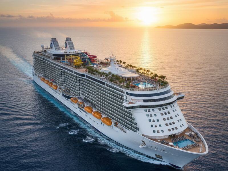 Luxury family modern cruise ship sailing on the ocean during sunset, with water slides and pools visible, departing from Florida ports.