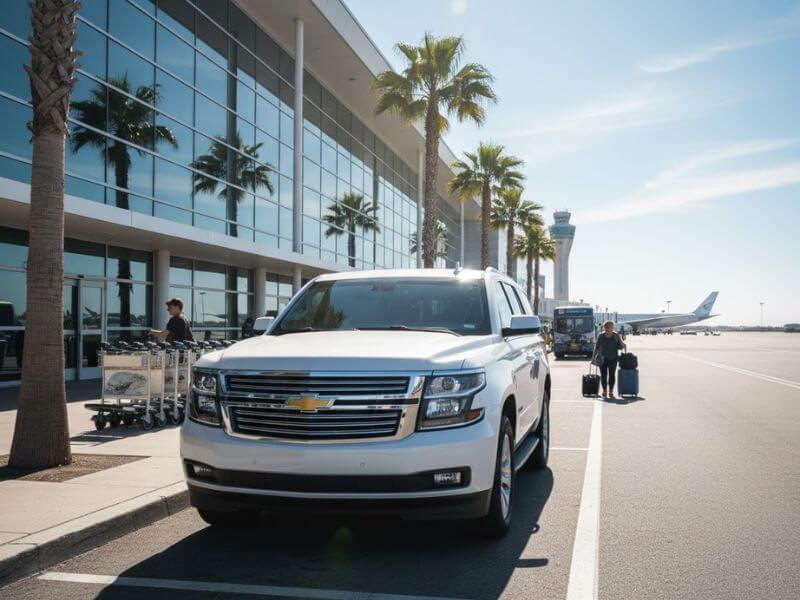 Spacious white SUV parked curbside at a sunny Orlando airport terminal, with palm trees, luggage carts, and an airplane visible in the background, symbolizing comfortable airport transfer and family car rental services.