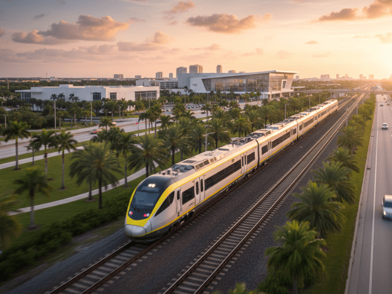 Fast and modern Brightline train service connecting cities in Florida, including Orlando and Miami.