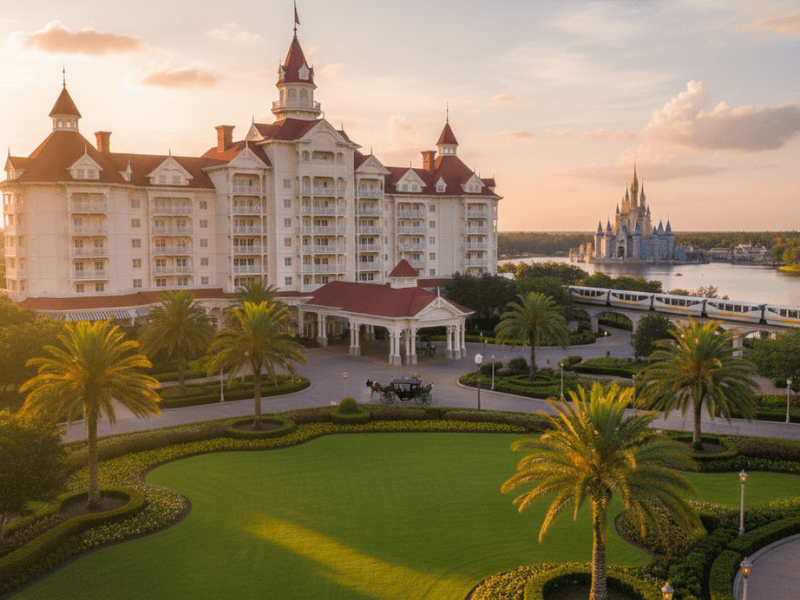 Luxurious Disney's Grand Floridian Resort in Orlando with Magic Kingdom in the background.