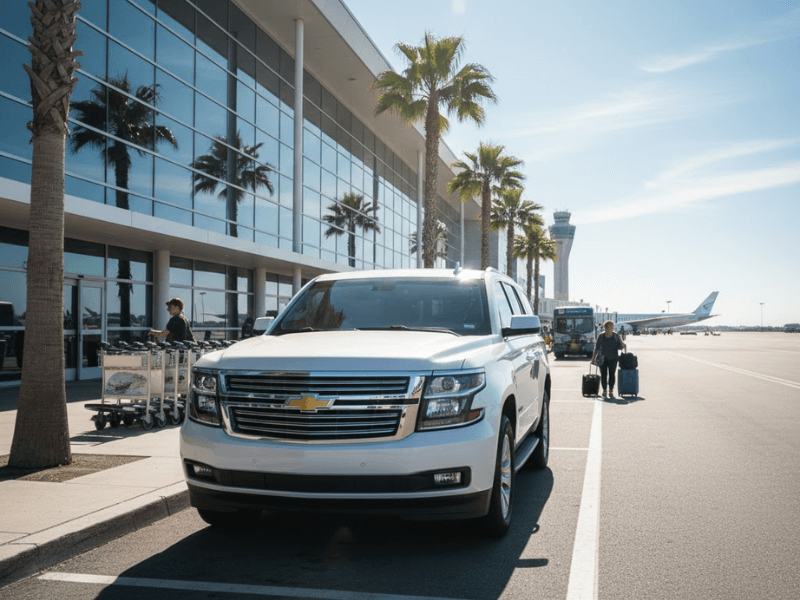 Spacious white SUV parked curbside at a sunny Orlando airport terminal, with palm trees, luggage carts, and an airplane visible in the background, symbolizing comfortable airport transfer and family car rental services.