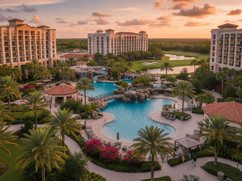 Beautiful luxury family resort hotel in Orlando with multiple swimming pools, water slides, and a golf course, perfect for family holidays and relaxation.