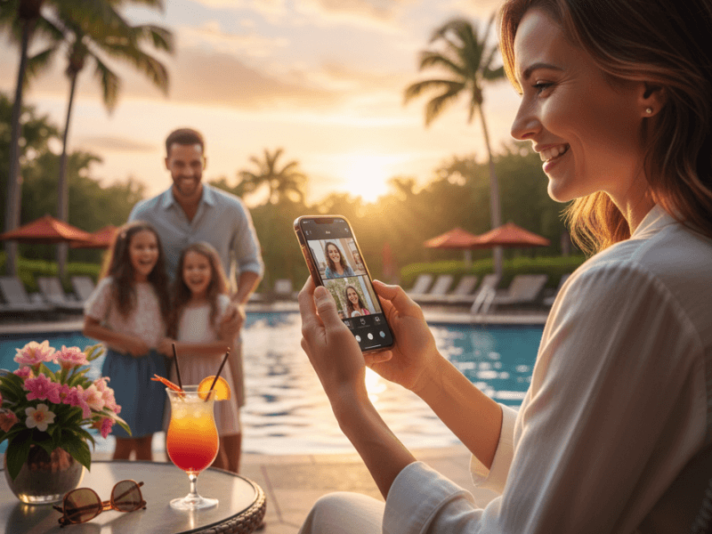 Family enjoying vacation in Orlando while staying connected with international phone service.