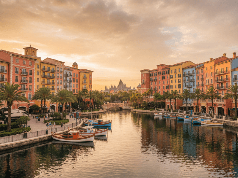 Luxury Loews Portofino Bay Hotel at Universal Orlando, evoking an Italian village.